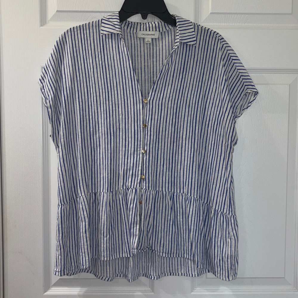 Blue & White Striped Button Front Peplum Top